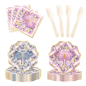 DAMAI Purple Butterfly Birthday Party Tableware Set Bug Birthday Party Supplies Set Plates Napkins Cup Tableware for 8 Guests - Product Image 5