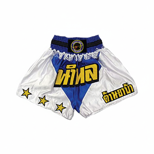 Elegante Blanco y Azul Satén Muay Thai Kickboxing Shorts Productos de boxeo de primera calidad - Product Image 2