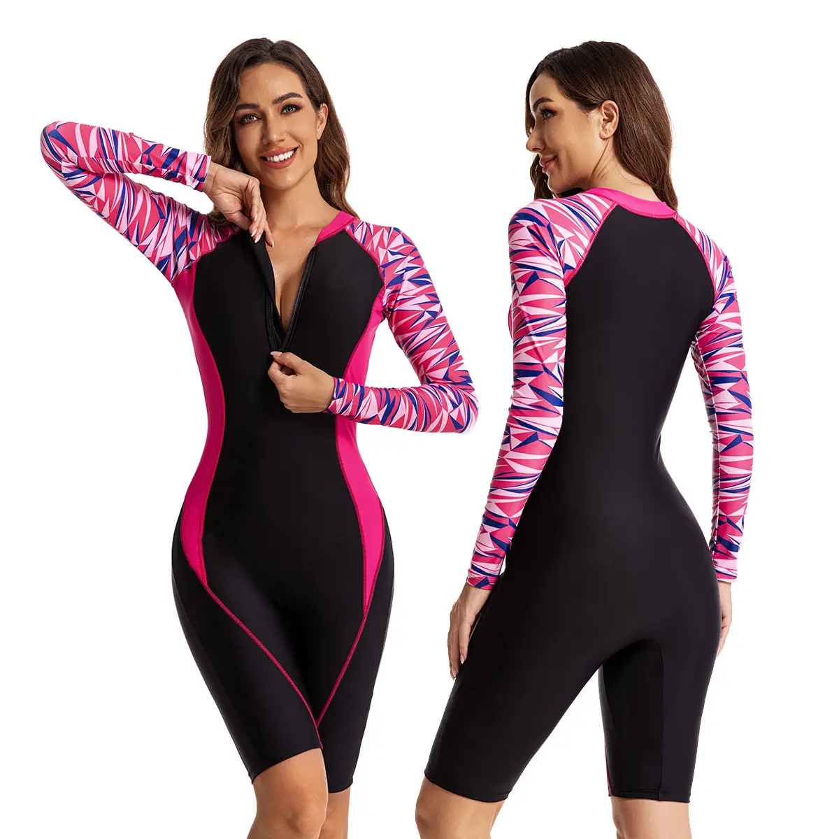 Customized Women Beautiful Pink Sublimation Printed Long Sleeves Rash Guards Style Swimsuits Anti-UV Lycra Bathing Surfing Suit