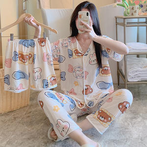 Bahar ve yaz kısa kollu uzun pantolon üç parçalı pijama kadın hırka süt ipek gevşek takım elbise - Product Image 1