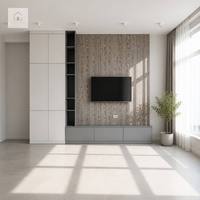 Meubles TV contemporains élégants XINGRUO avec rangements muraux intégrés, finition gris architectural imitation bois, ensemble de vitrines pour salon