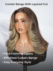 Perruque Bob en cheveux humains bruts vietnamiens blonds <span class=keywords><strong>avec</strong></span> mèches, <span class=keywords><strong>frange</strong></span> rideau effet blowout, sans colle, perruque frontale en dentelle 13x4 pré-coupée <span class=keywords><strong>avec</strong></span> cordon de serrage - Product Image 3