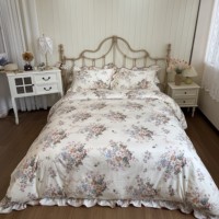 Parures de lit de luxe à volants 3 pièces 100 % coton pur imprimé réactif motif floral élégant pour lits simples et doubles