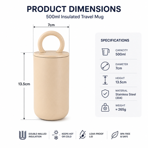 ZREGGUR Tasse à café en acier inoxydable personnalisée de 500 ml avec poignée, gobelet isotherme à double paroi portable, tasse de voyage - Product Image 3