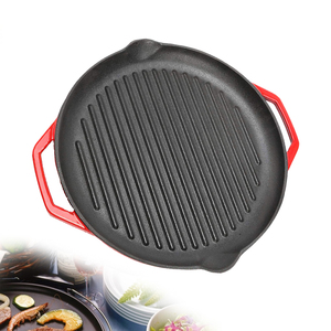 Articles ménagers lumineux de haute qualité 32cm poêle à griller en <span class=keywords><strong>fonte</strong></span> rouge émail antiadhésif extérieur BBQ plaque chauffante en gros ustensiles de cuisine en métal - Product Image 1