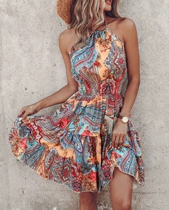Holidays <b>Style</b> Beach Loose Women Mini Dresses Hot Sell Halter Floral Casual Vestidos Para Mujer Ladies Backless Summer Dress - Product Image 1