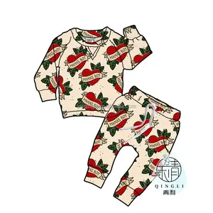 Groothandel Kids Valentijnsdag Pyjama Melk Zijde Hart Afdrukken O-hals 2 Stuks Pjs Homewear Sets