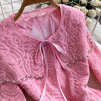 Robe élégante pour femmes en dentelle rose, coupe évasée, manches longues, col décoré de strass, robe de soirée décontractée mi-longue pour tous les jours