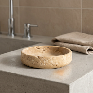 Bol rond en travertin naturel, plat de service en pierre beige, plateau décoratif pour la maison, la cuisine, la salle de bain et les fêtes - Product Image 3