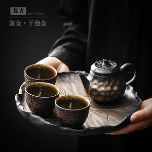 Plateau à thé en céramique, motif feuille de lotus, en poterie rustique dorée, pour service de thé Kung Fu, avec rangement et plateau de préparation à sec, style chinois rétro - Product Image 3