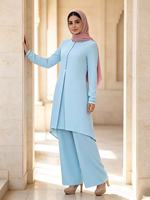 Ensemble deux pièces bleu pêche, pantalon large, manches bouffantes, dentelle, robe unie à manches longues pour femme, patchwork, col rond, décontracté, été