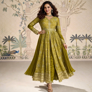 Traje Anarkali Chinon de Dhwaja Export Mehendi, Preconfeccionado, con Bordado y Trabajo de Codificación - Product Image 1