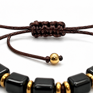 Bracciale in <span class=keywords><strong>Ossidiana</strong></span> Nera Naturale Unisex con Perle Cubiche e Distanziatore Dorato, Regolabile con Nodo Scorrevole, Gioiello Artigianale in Cristallo Curativo - Product Image 5