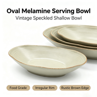 Bol de service ovale en mélamine mouchetée vintage, bol à salade irrégulier, bord brun rustique, pour la maison, les restaurants et les hôtels.
