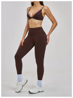 Ensemble de yoga pour femmes à double bretelle, soutien-gorge de sport à col en V avec panneaux en mesh, leggings de yoga taille haute, tenue d'entraînement 2 pièces