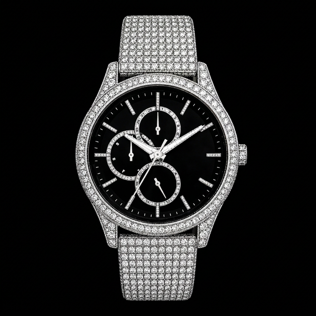 Black Dial Diamond Quartz Watch Luxury Iced Out Bracelet Fully Paved White Gold Fashion Jewelry Accessory Men Style