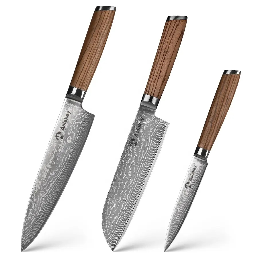 Conjunto de facas para chef, 3 peças em aço damasco com cabo de madeira, novo, damasco messer santoku