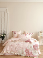 Ensemble de literie en coton rose pour fille, 4 pièces, broderie florale, linge de lit princesse