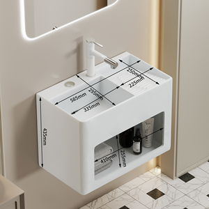Lavabo da <span class=keywords><strong>Bagno</strong></span> in Ceramica a Parete con Scarico a Controlli Integrati, Lavatoio Incorporato e Vano Portaoggetti Integrato - Product Image 4