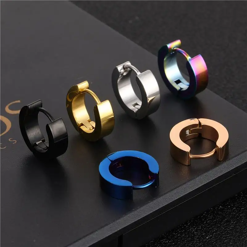 Simple Hip Hops High Polished Stainless Steel Multicolor Hoop Earrings Titanium Steel Clip On Earrings For Men Piercing Jewelry