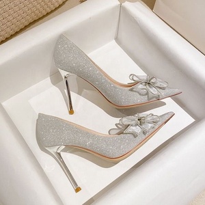 Wholesale Satin Slip-On Summer Point Toe Silver D'Orsay Pumps Bridal <b>Shoes</b> for Women High Heel Bridesmaid - Product Image 2