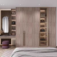 Guarda-Roupa Moderno de Luxo com Acabamento em Madeira, Penteadeira Embutida, Porta de Vidro com Alumínio Dourado e Luz LED, Armário de Quarto Personalizado