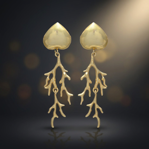 Gold Plated Heart Drop Earrings with Cascading <b>Branch</b> Dangles Brass Gemstone Earrings Handmade Ethnic Unisex Party - Product Image 3