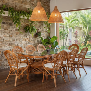 ชุดโต๊ะอาหารหวายขายดี ดีไซน์แบบดั้งเดิมสไตล์จาวา ชุดโต๊ะอาหารยาว คุณภาพพรีเมียมจากอินโดนีเซีย เฟอร์นิเจอร์ตกแต่งบ้าน - Product Image 1