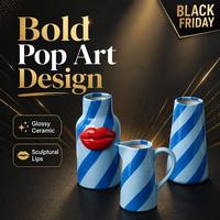 Set Vas Keramik 3D Lip Blue Light Blue Pop Art, 3 buah, Dekorasi Unik Bergaris untuk Rumah atau Kantor Modern, Hadiah Minimalis