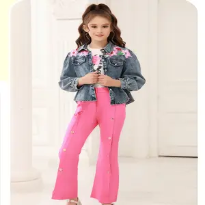 Wholesale New Trend Fashion Girls' Set Denim Coat Spring And Autumn New 2024 Middle East Little Girl 3 Piece Set
