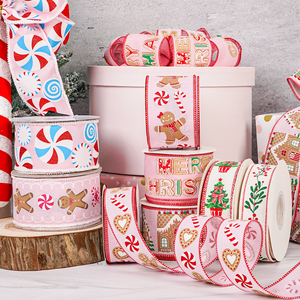 Fita de Natal com Borda Aramada, 10 Jardas/Rolo, 38mm e 63mm de Largura, Rosa, com Motivos de Boneco de Gengibre, Cabana de Neve e Guirlanda - Product Image 1