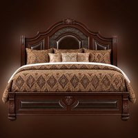Cadre de lit traditionnel en bois taille King avec tête de lit rembourrée en cuir et pied de lit capitonné, mobilier de chambre à coucher