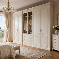 Armoire de luxe en bois de style shaker français, grande armoire de chambre à coucher avec portes vitrées, meuble de rangement blanc sculpté