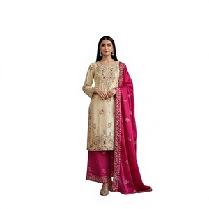 Women's Cream Embossed Quick Dry Modern Wedding <b>Kurta</b> Set Pink Dupatta Casual Indian Pakistani Style Ankle-Length Cotton <b>Dress</b> - Product Image 1