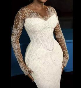Vestido <span class=keywords><strong>de</strong></span> Novia <span class=keywords><strong>de</strong></span> Encaje Pesado con Cuentas, Estilo Sirena Árabe, Aso Ebi, con Mangas Largas Ilusión, para Jardín, Talla Grande - Product Image 1