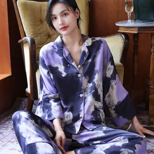 Pijama de cetim de seda feminino, nova chegada roupa de dormir de manga longa