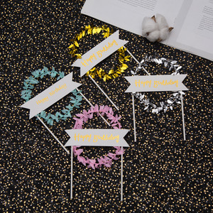 Happy Birthday Cake Decorations Leaf Wreaths Gold Silver Pink Blue Plastic Reusable Birthday Party Table Toppers - Product Image 4