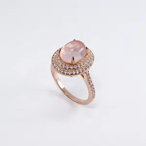 玫瑰石英时尚CZ天然椭圆形粉色水晶婚礼时尚925英镑订婚时尚戒指银色