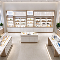 Kiosque de présentation de maquillage en bois avec étagères ouvertes, miroir, panneau perforé, outils suspendus, quatre tiroirs, CE ETL pour salon de beauté