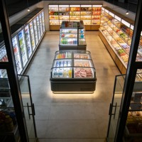 Koelvitrine voor verse fruit, winkeldisplaykast van roestvrij staal met verstelbare lagen voor de groenteafdeling van supermarkten
