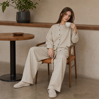 Ensemble pyjama asymétrique en coton minimaliste pour femme, haut à manches longues avec boutons diagonaux, pantalon large, à porter à l'extérieur SOFT18