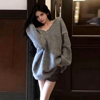 Pull à nœud papillon au dos pour femme |   Pull ample en dentelle à col en V, tricot ample à épaules dénudées, haut oversize mignon