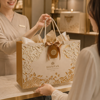 Sac cadeau en papier de luxe, design floral ajouré, poignée en corde, logo personnalisé, emballage haut de gamme pour boutique HONPAK