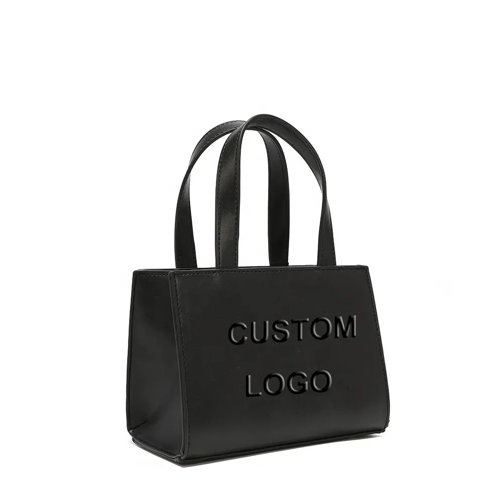Bolsa de logotipo personalizada para mulheres, mini sacola de couro personalizada com textura em relevo de vegan, bolsa preta para mulheres