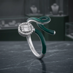 Luxury Women Cocktail <b>Ring</b> 925 <b>Silver</b> Rhodium Plated <b>Emerald</b> Green Enamel Baguette Diamond Engagement <b>Ring</b> - Product Image 3