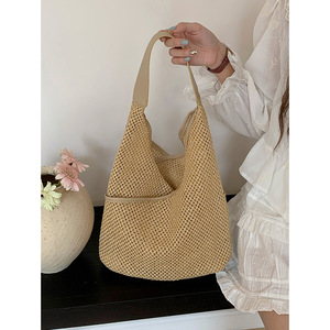 กระเป๋าโท้ทสานฟางสไตล์ฝรั่งเศส สีเบจ สีน้ำตาล สีพื้น ฤดูร้อน 2024 ใช้ได้ทุกวัน - Product Image 1