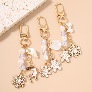 Winter Christmas Assorted Keychain Charms Cute Snowflake Bear Reindeer Shell Pearl Beaded Gold-Plated Zinc Alloy Fashion Key - Product Image 2