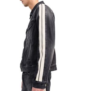 Vestes en tissu denim de coton, fabricant OEM sur mesure, veste en jean noire délavée avec manches latérales rayées blanches, coupe ajustée, style jean - Product Image 3