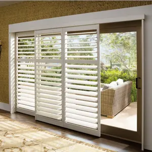 Hochwertige doppelt klappbare horizontale wind dichte Faux wood Plantation Jalousien Jalousien PVC PS Für Glass chiebe türen