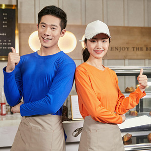 Camiseta de Manga Larga de Algodón Puro para Uniforme de Camarero, Color Sólido, para Restaurantes y Bares - Product Image 1